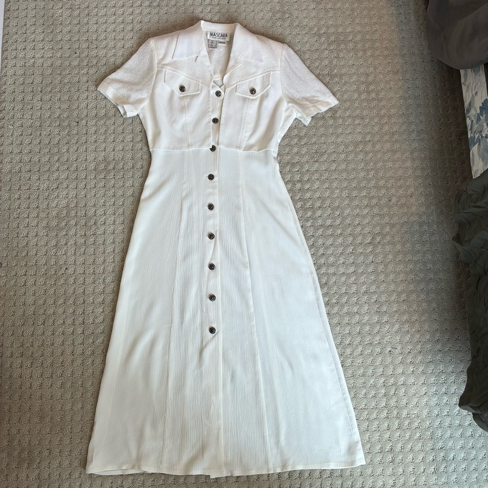 Linen blend Y2K white button down dress with faux cropped blazer 90s vintage - Picture 3 of 13